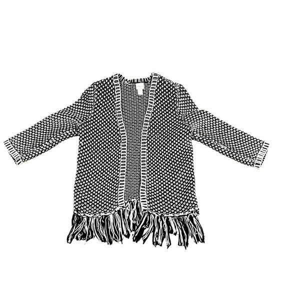 Chicos Black White Fringed Open Front Knit Cardigan Sweater 3/4 Sleeves Size 1 - Picture 11 of 13